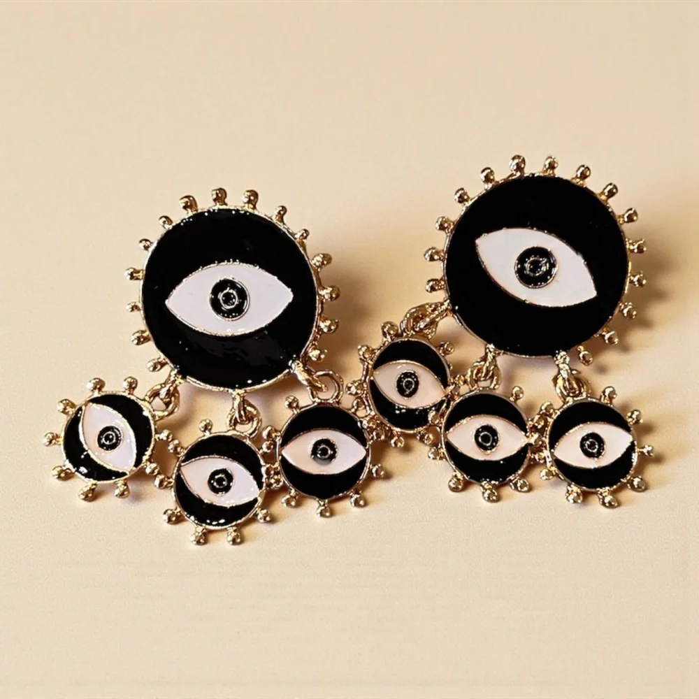 Chic Black and Gold Toned Evil Eye Dangling Earrings